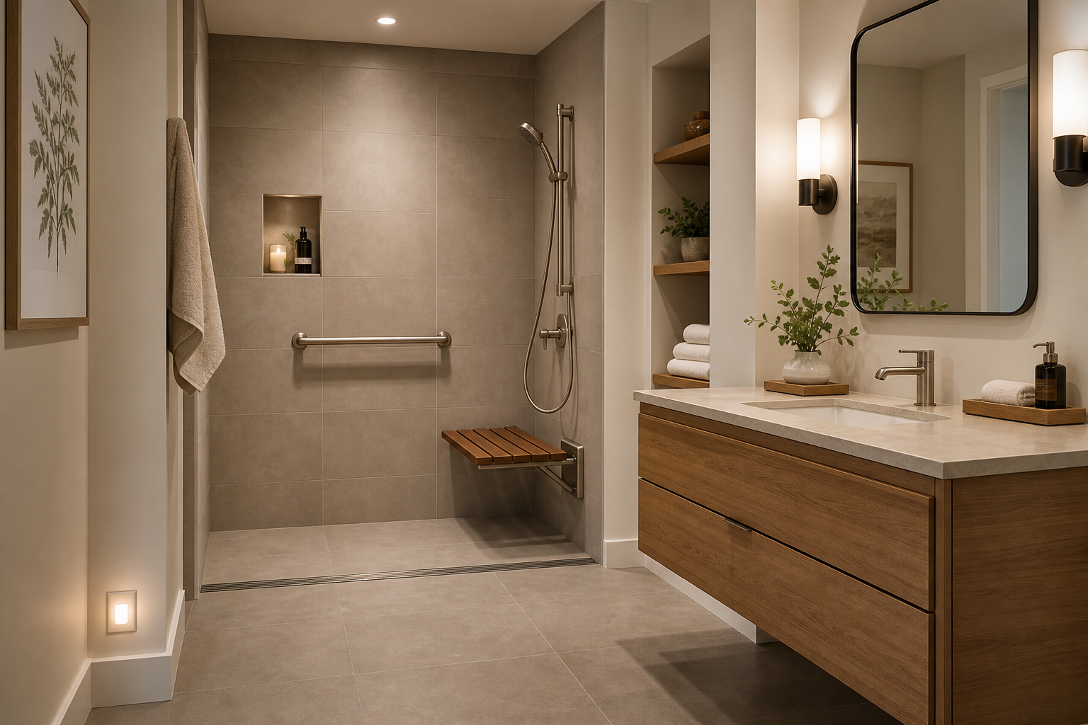 A warm modern spa bathroom with a curbless walk-in shower featuring large-format matte gray floor tile, a brushed nickel decorative grab bar mounted on the shower wall, a wall-mounted fold-down teak bench inside the shower, a sliding handheld showerhead on a polished bar, a wall-hung vanity with natural wood tones, warm recessed ceiling lighting, and a subtle wall-mounted nightlight near the baseboard.