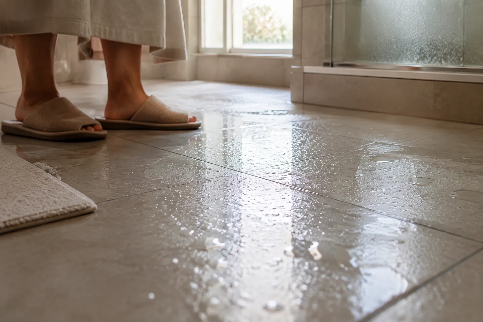 Condensation on glossy bathroom tile near an older adult's slippers