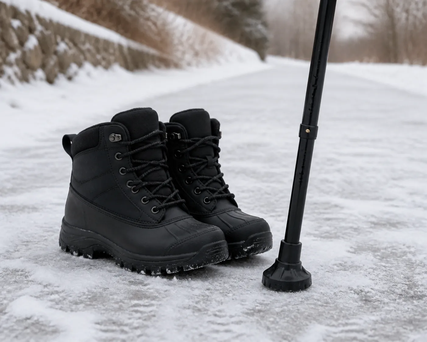 Sturdy black winter boots with deep rubber tread and an adjustable cane on a snowy walkway