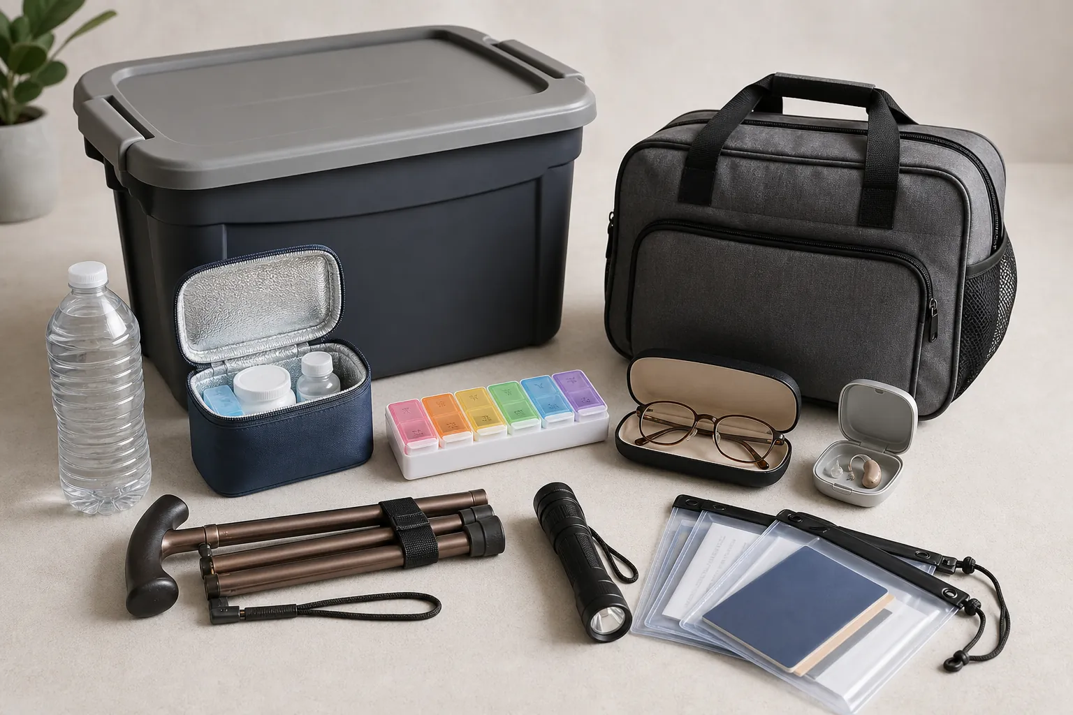 Two-container senior emergency system with a stay-home bin, evacuation go bag, medication cooler, eyeglasses, hearing aid case, cane, flashlight, water, and waterproof document pouches