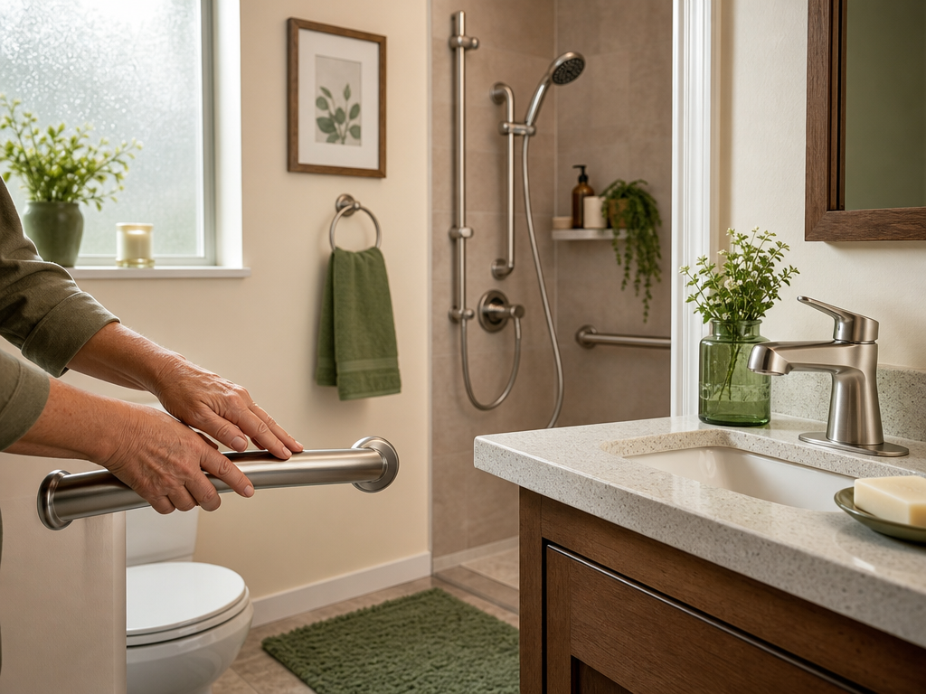 Close-up of a bathroom with a chrome grab bar, lever-handle faucet, handheld showerhead on a slide bar, and a non-slip bath mat.