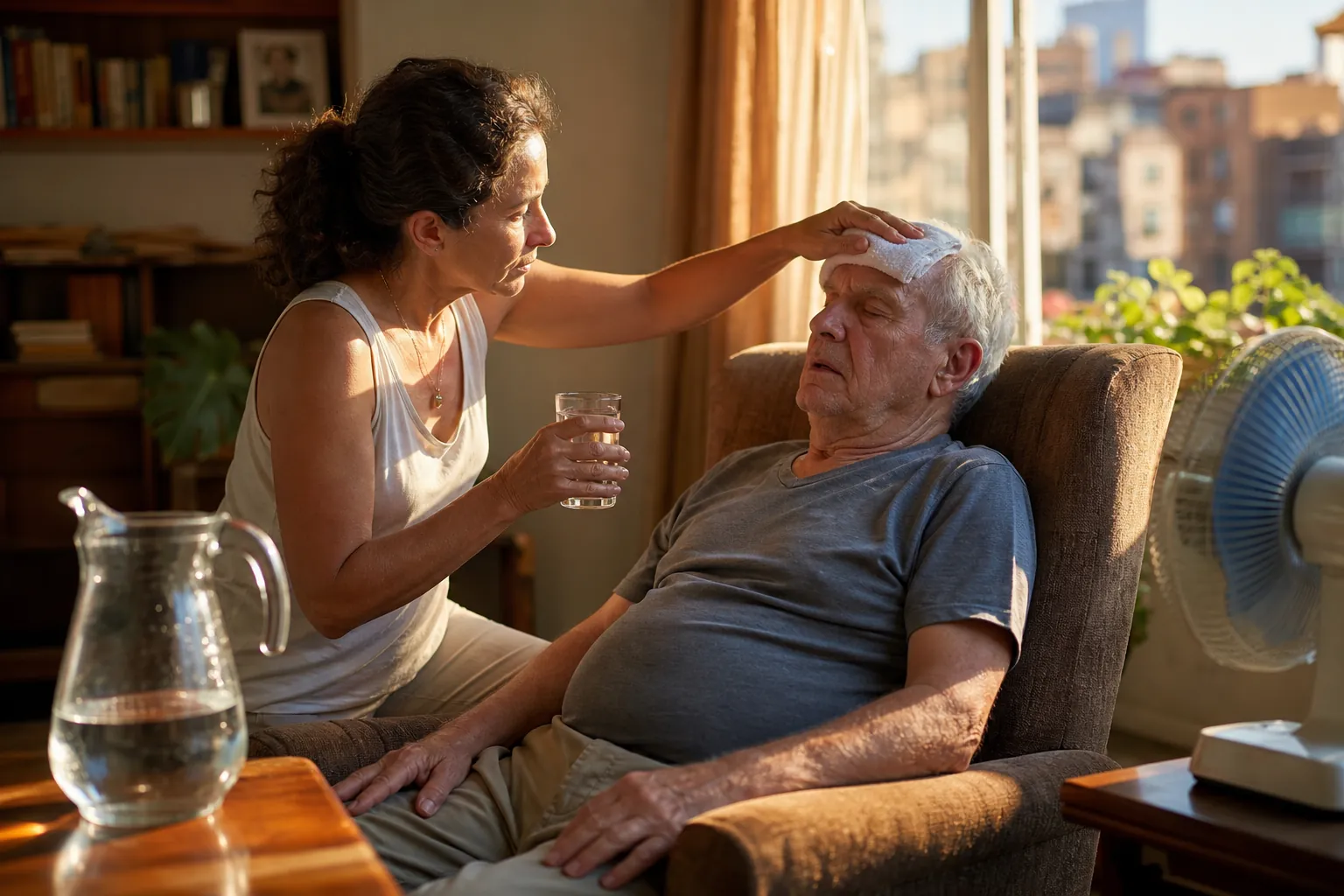 Caregiver cooling an older man with a damp cloth in a warm apartment