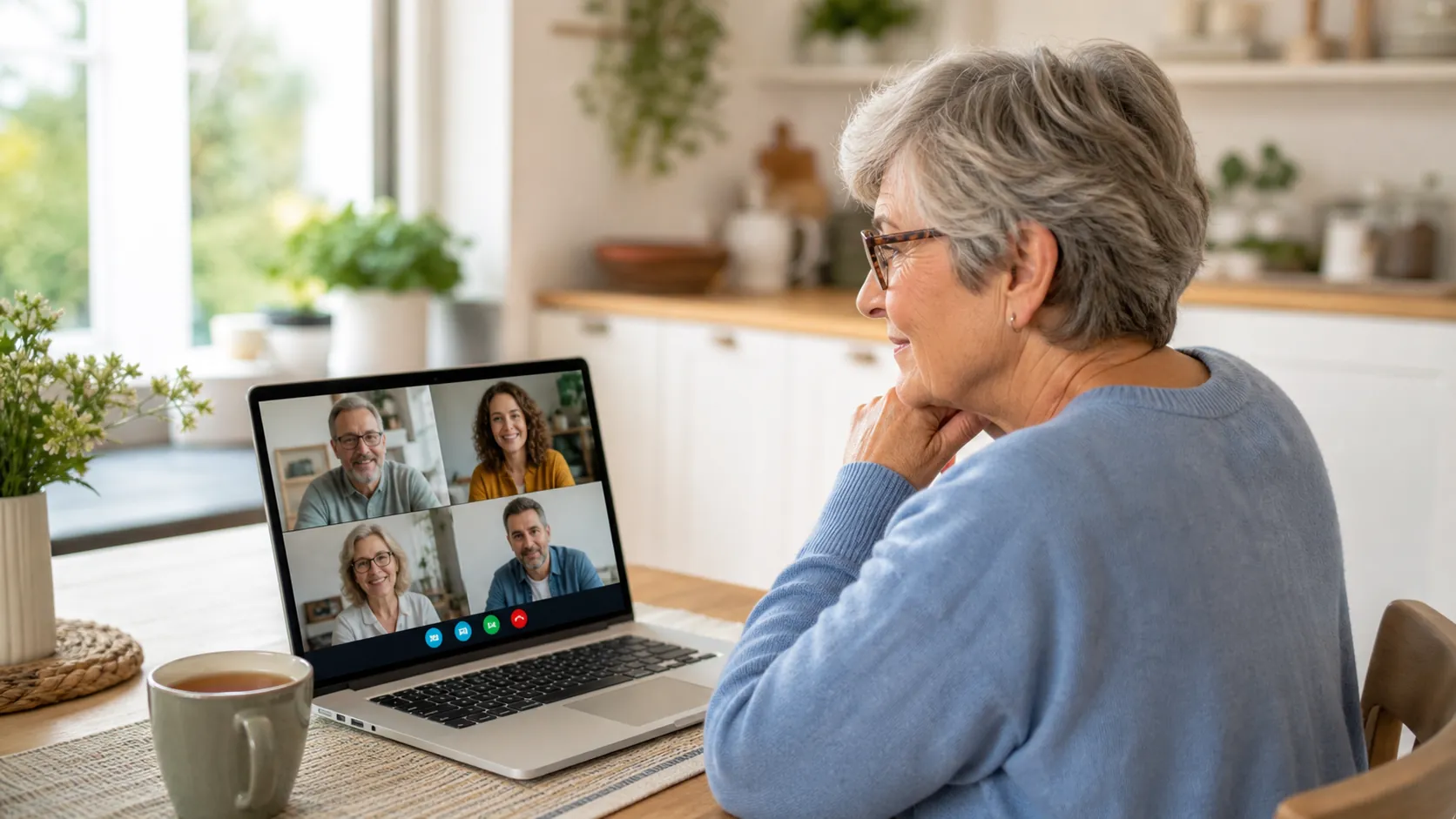Older woman using a modern laptop at a bright kitchen table during a video call