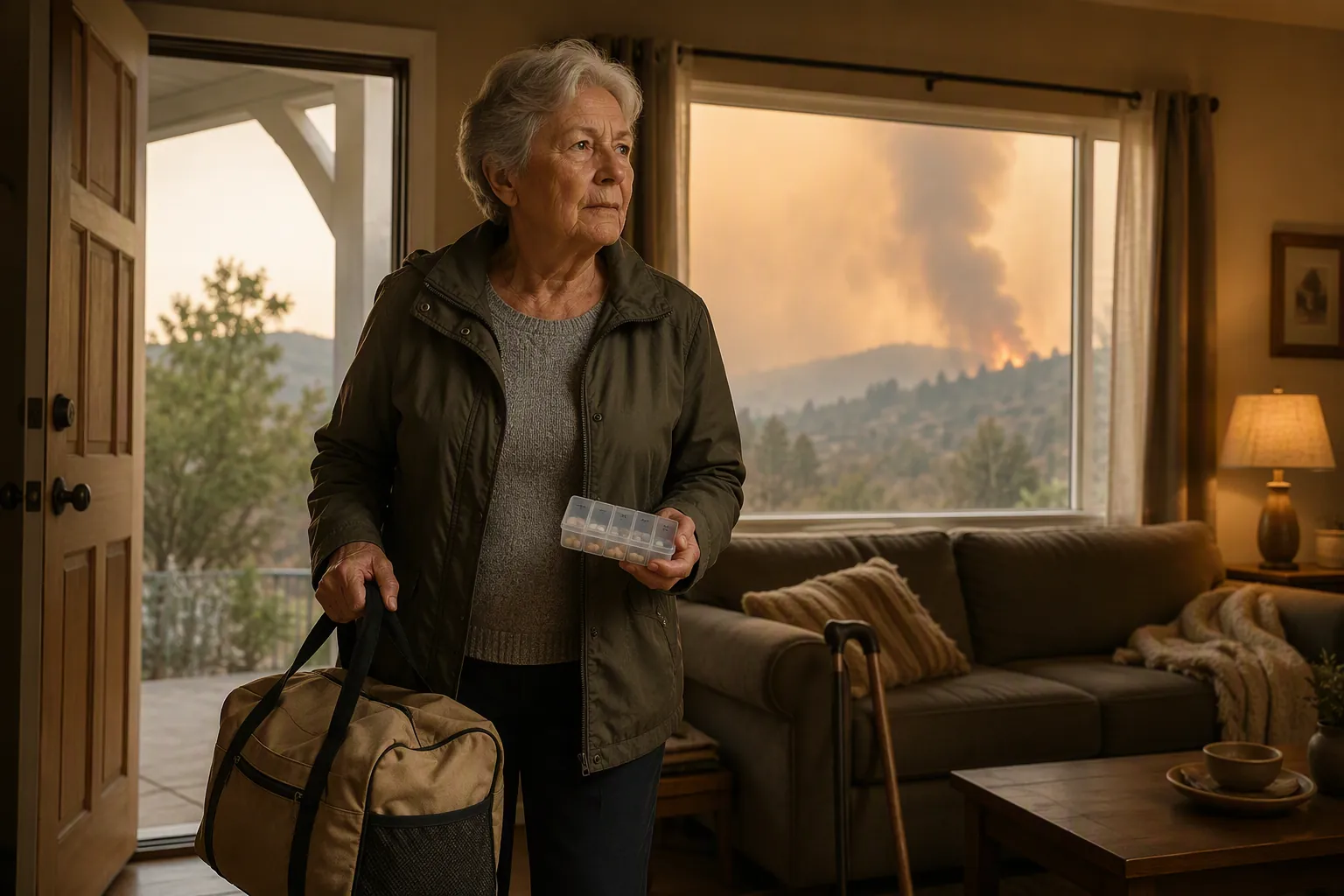Senior woman standing alone near an open front door with a go-bag, pill organizer, cane, and wildfire smoke outside