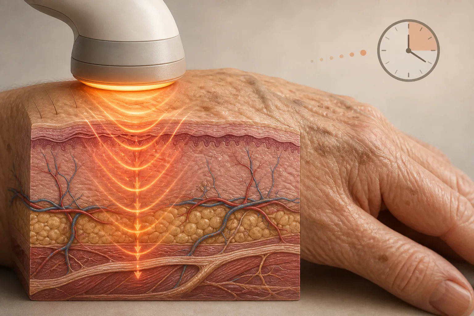 Illustration of heat from a hand warmer penetrating thinner older-adult skin layers