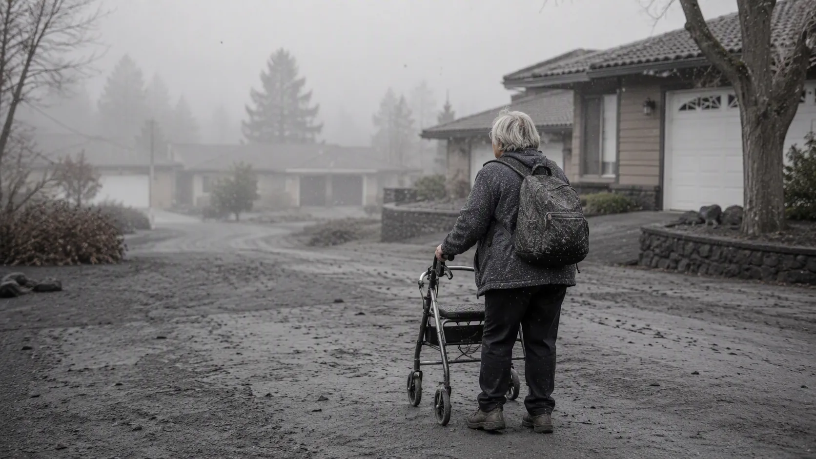 Older adult with sturdy boots, a small backpack, and a walker standing on a residential driveway dusted with volcanic ash