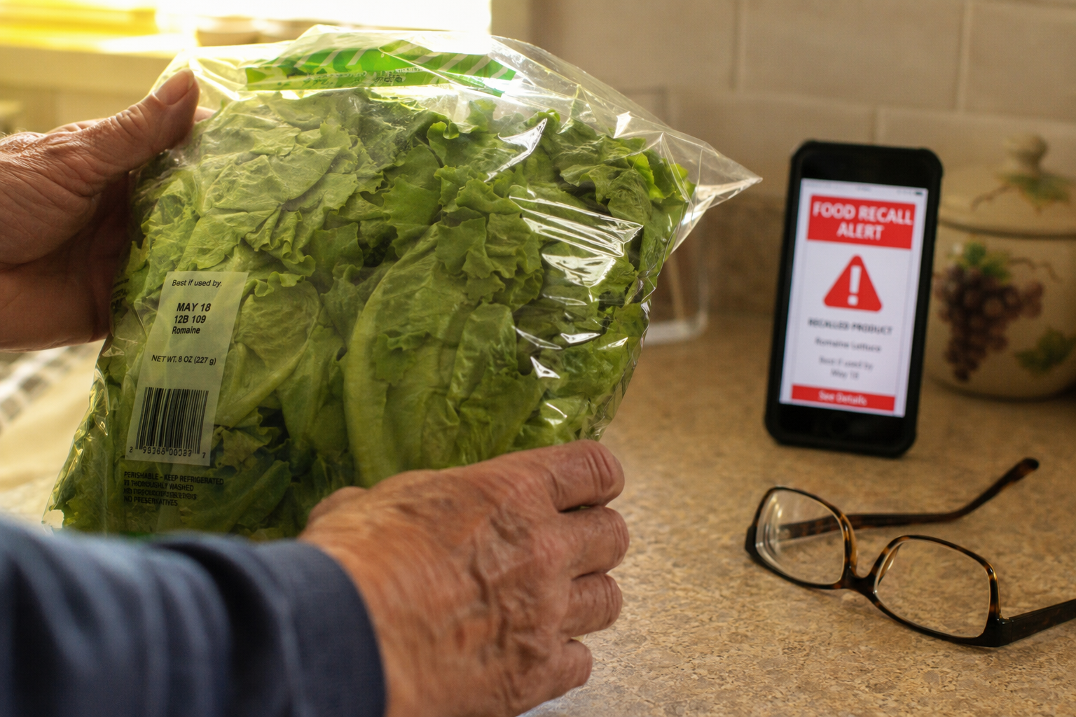 Older adult hands holding a bag of lettuce near a phone showing a recall alert