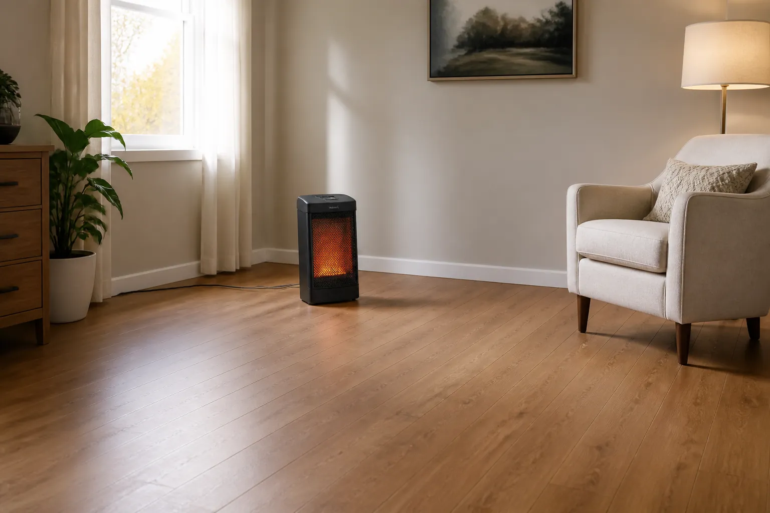 A small space heater on a hard floor with a clear three-foot area around it and no cord under a rug