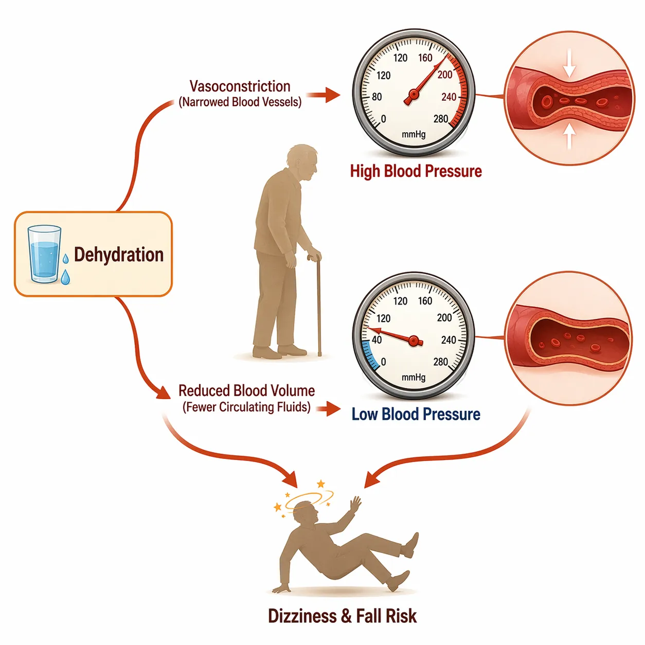 Illustration showing dehydration leading to both high blood pressure and low blood pressure pathways that converge on fall risk