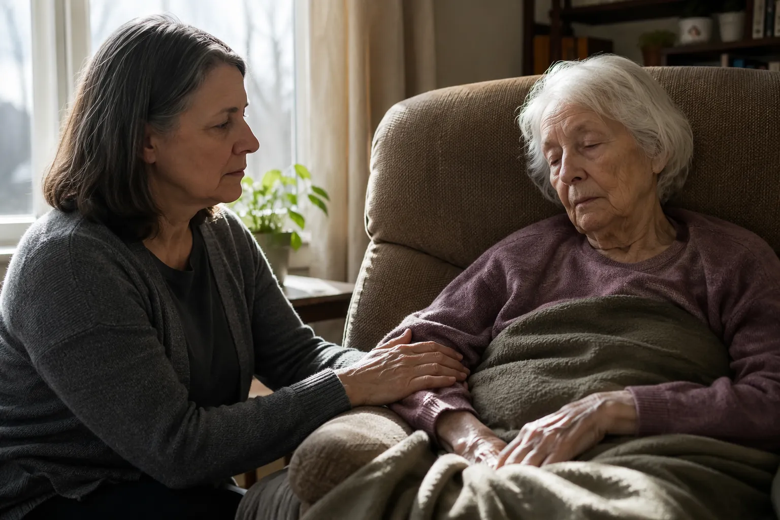 Adult daughter sitting beside an elderly parent resting in a recliner by a sunlit window