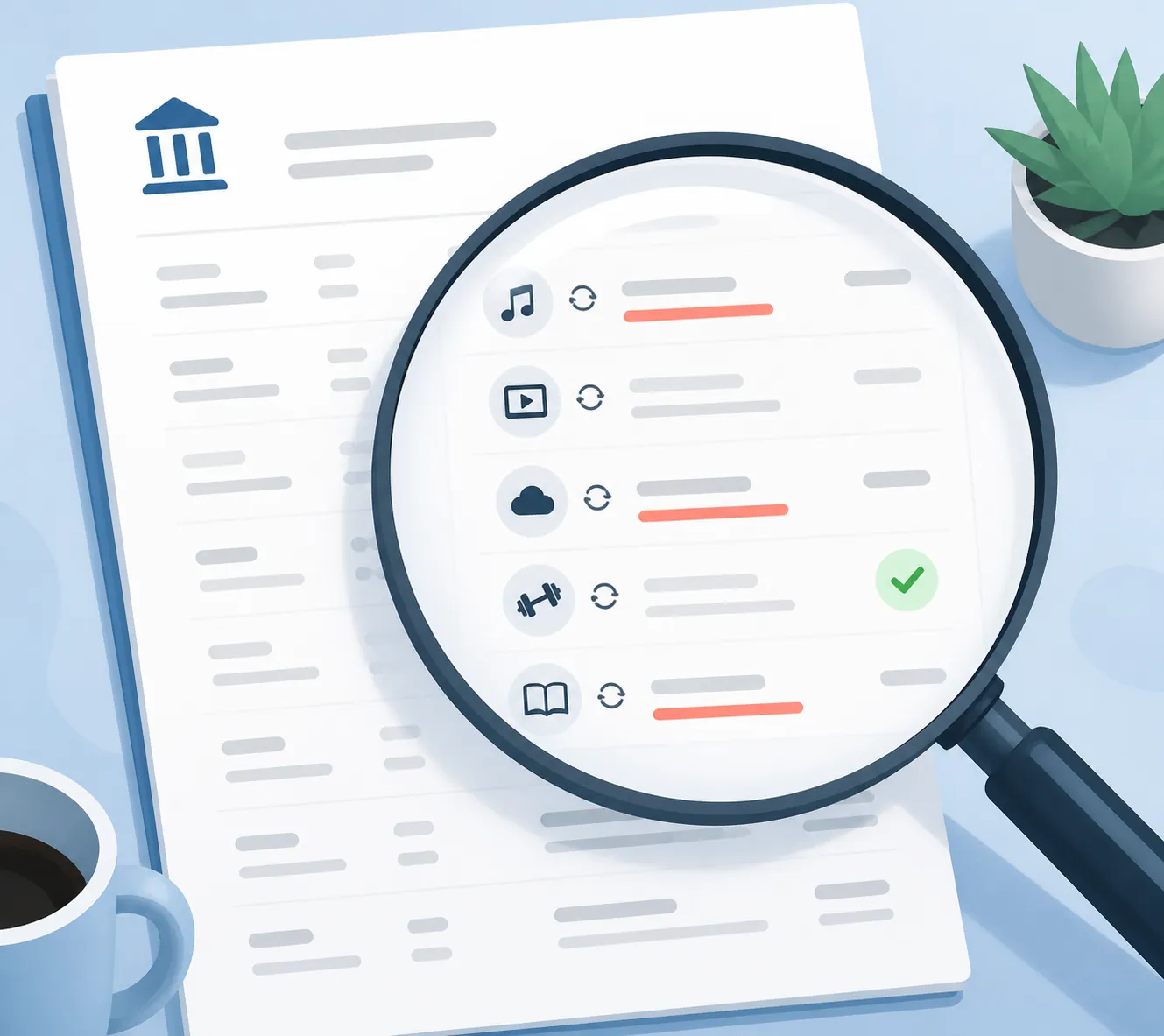 A magnifying glass over a bank statement with recurring-charge icons and marked line items