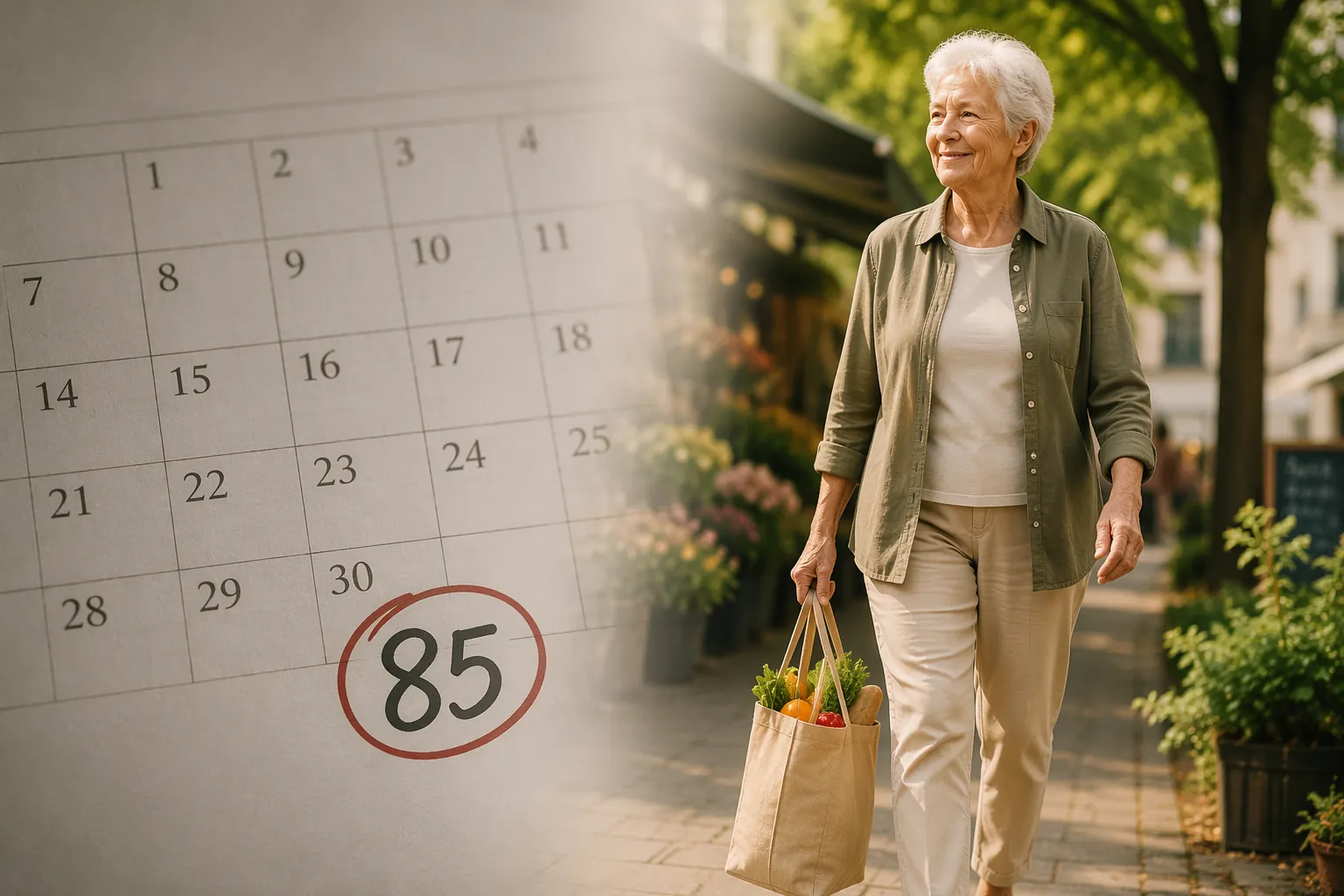 Split image comparing chronological age on a calendar with an active older adult carrying groceries