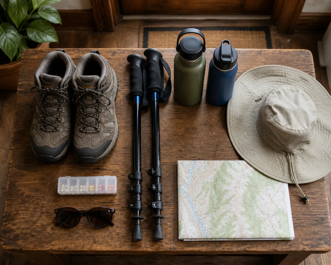 Pre-hike preparation items including boots, trekking poles, water bottles, pill organizer, sunglasses, sun hat, and trail map