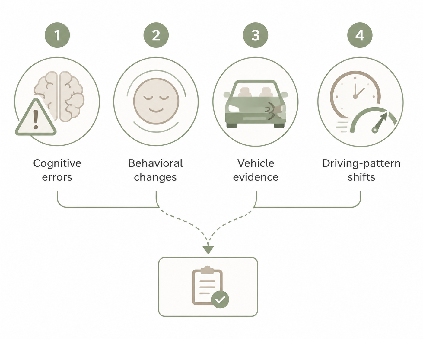 Infographic showing cognitive errors, behavioral changes, vehicle evidence, and driving-pattern shifts