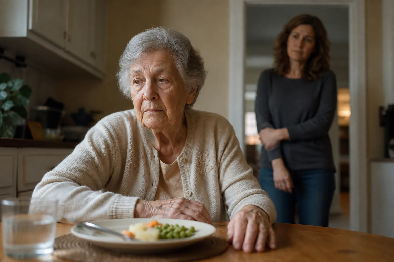 Elderly woman sitting at a kitchen table with an untouched plate while her adult daughter watches with concern