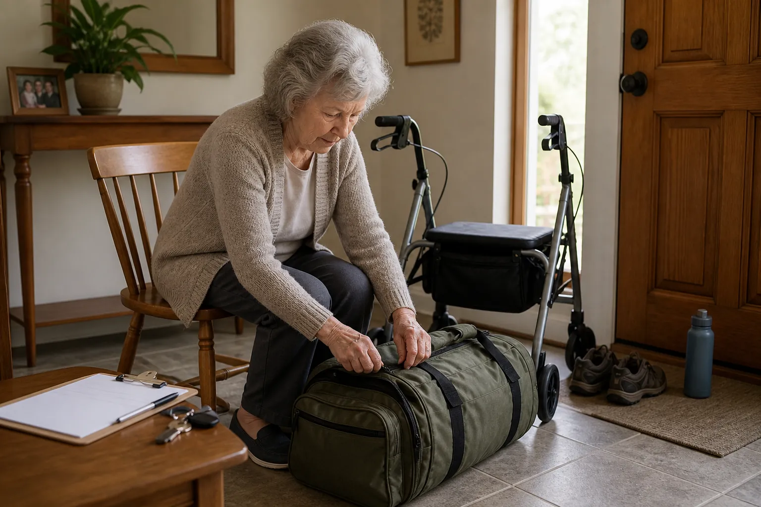 Gray-haired woman beside a rollator walker and packed evacuation bag in a home entryway