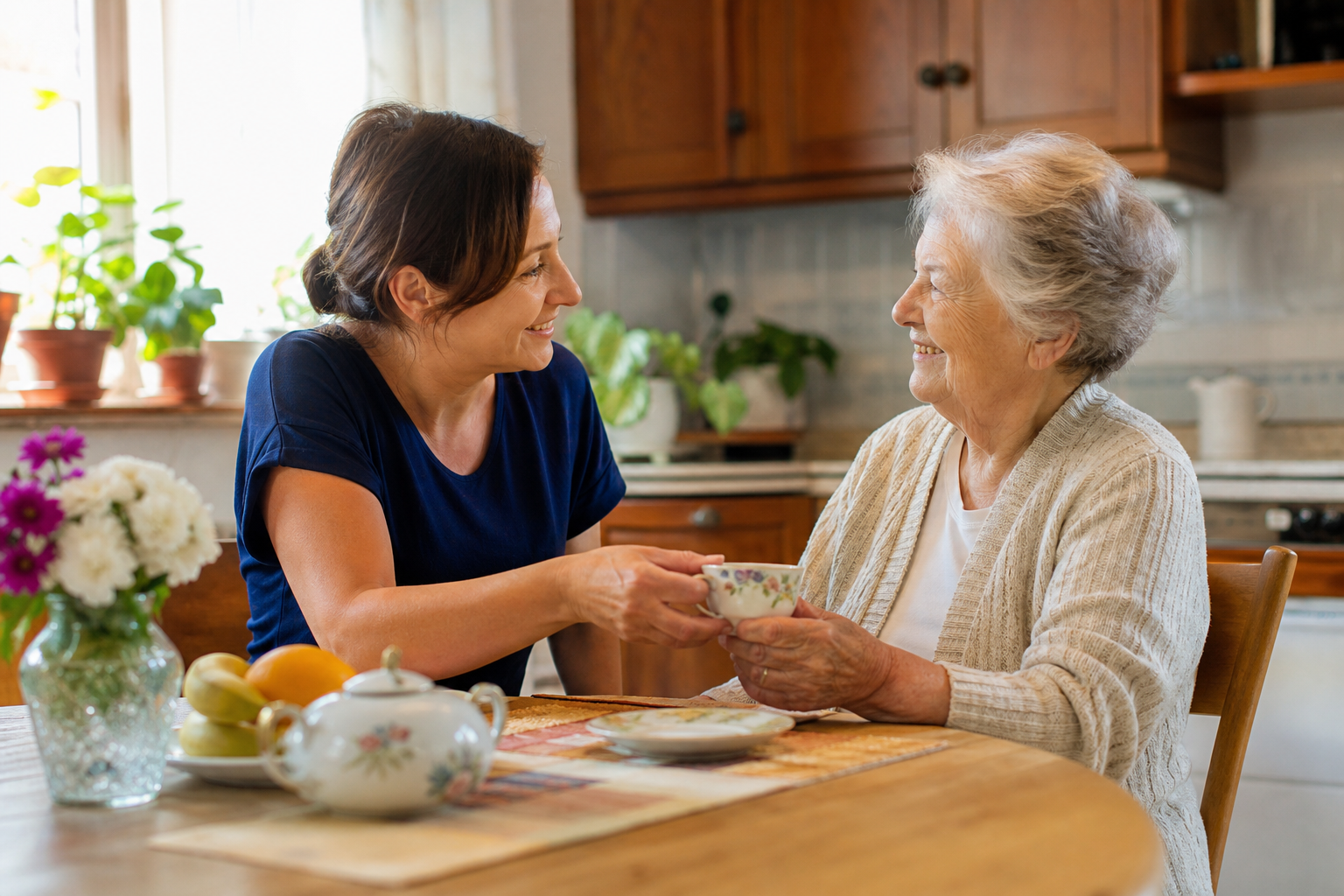 A live-in caregiver and an elderly woman sit together at a cozy home kitchen table, sharing a cup of tea in warm natural light.
