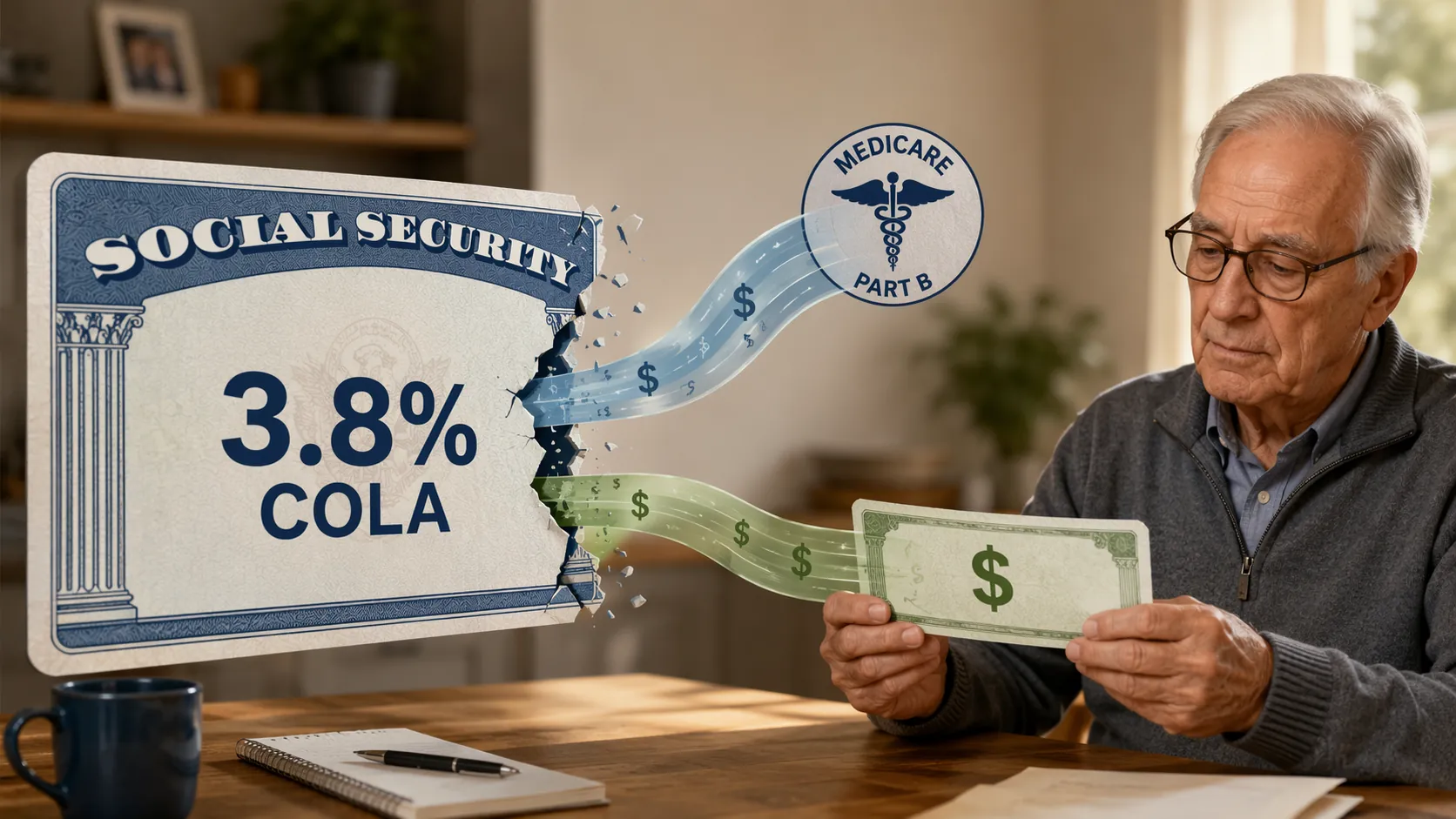 Illustration of a Social Security COLA increase reduced by a Medicare Part B deduction before reaching a retiree
