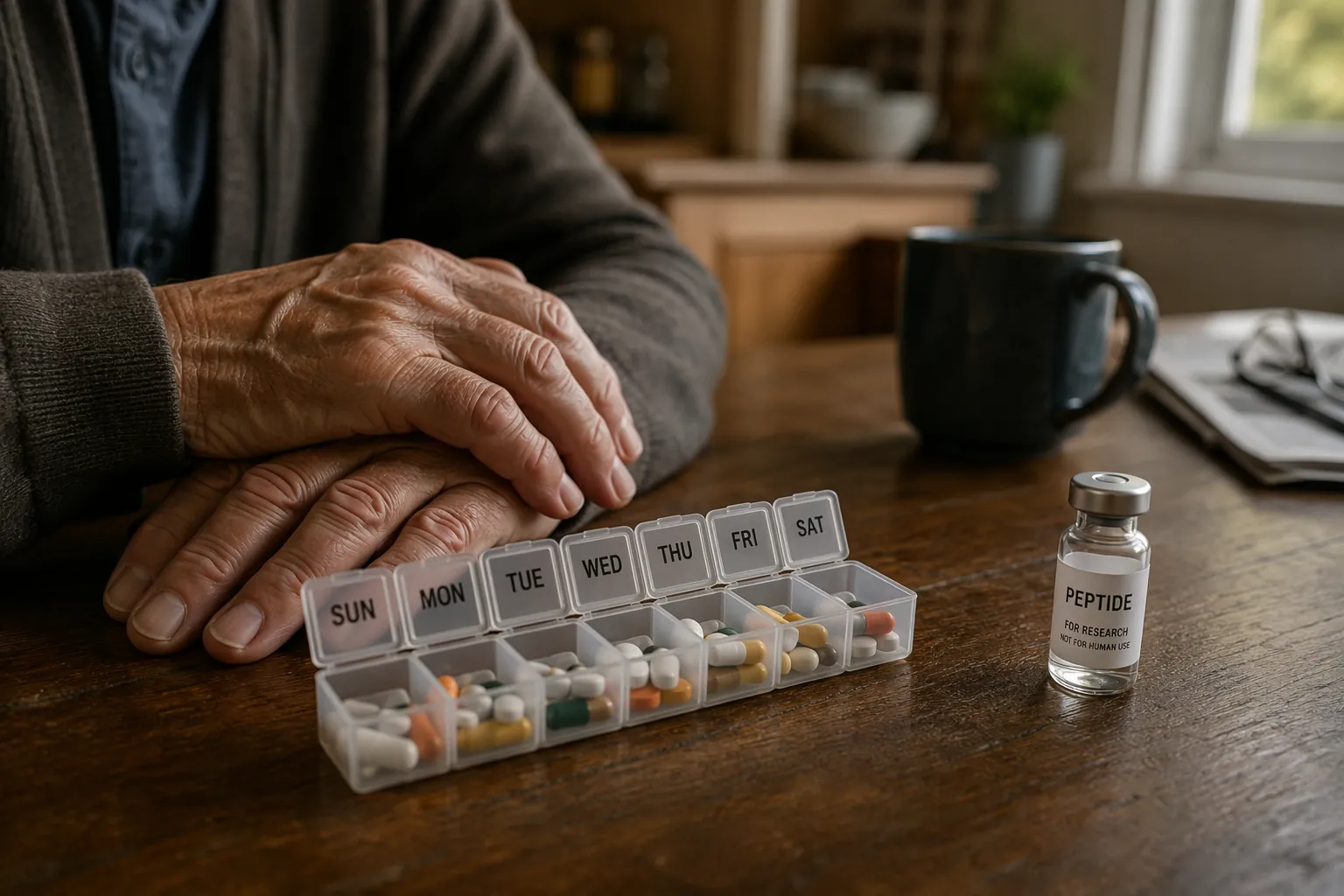 Older adult hands near a weekly pill organizer and a small peptide vial
