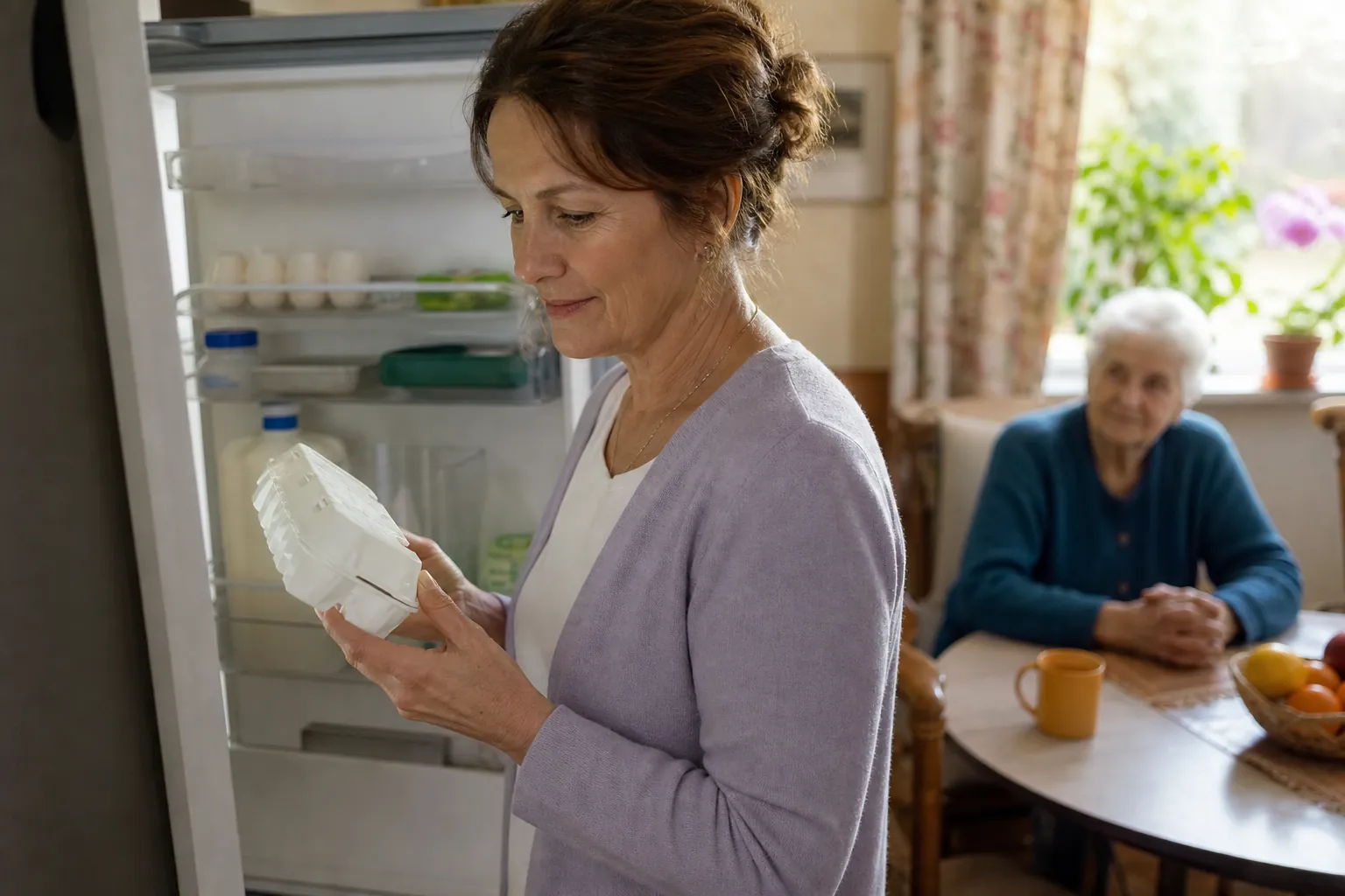 Adult daughter checking an egg carton in an older parent’s refrigerator while the parent watches from the kitchen table
