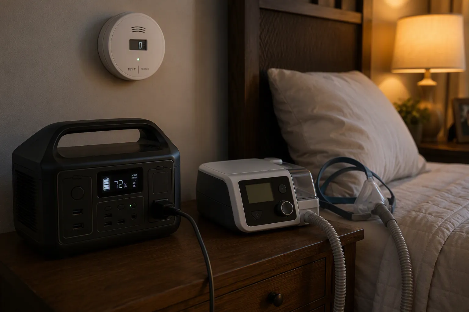 Portable power station connected to a CPAP-style breathing device with a carbon monoxide detector nearby