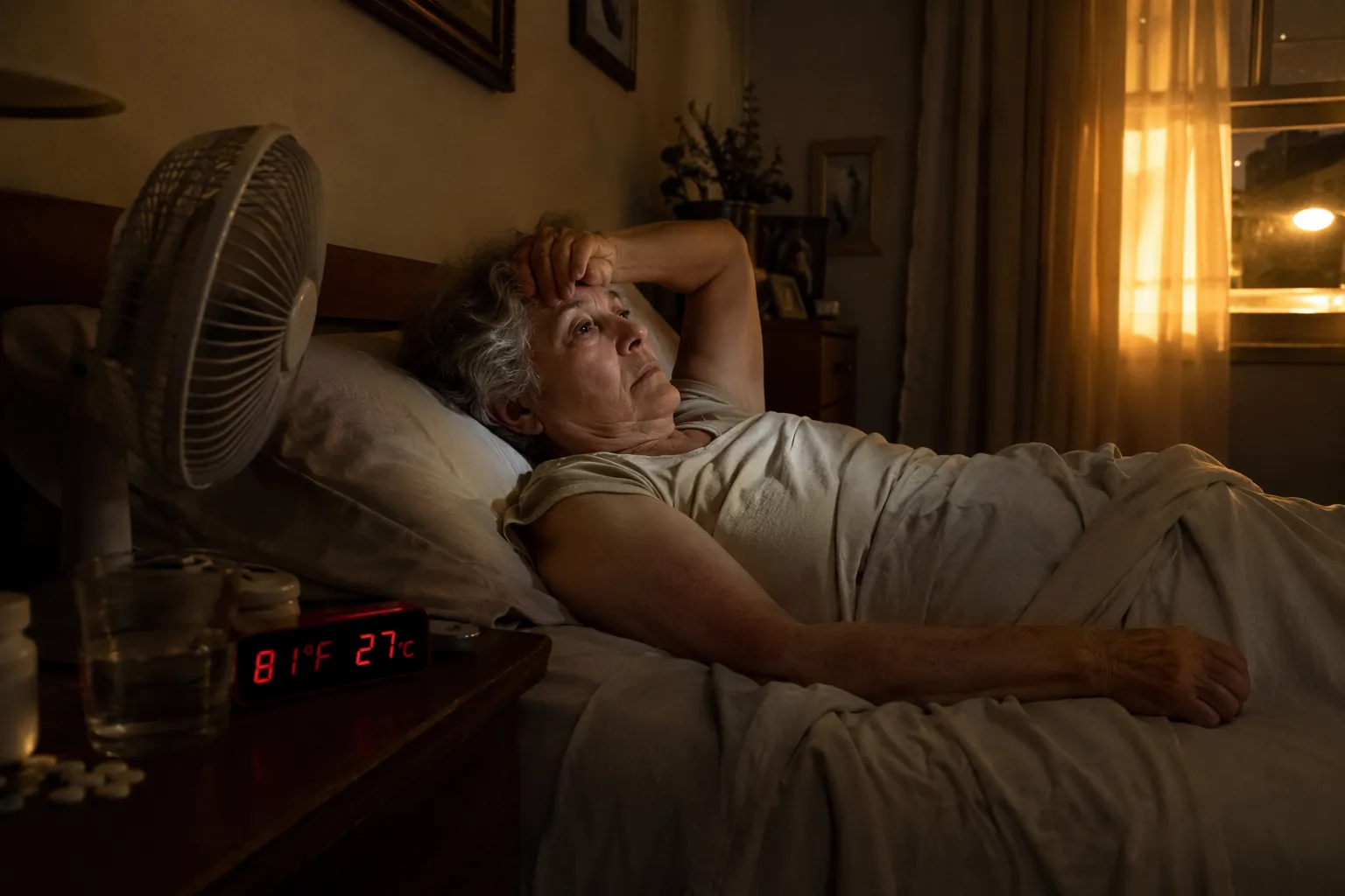 Senior woman lying awake in a warm bedroom with a fan running and a thermometer reading 81°F