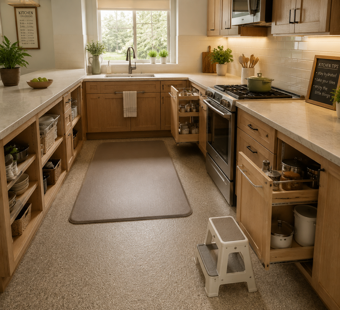 Overhead view of a senior-friendly kitchen with waist-height shelving, pull-out cabinets, task lighting, anti-fatigue mat, and non-slip floor