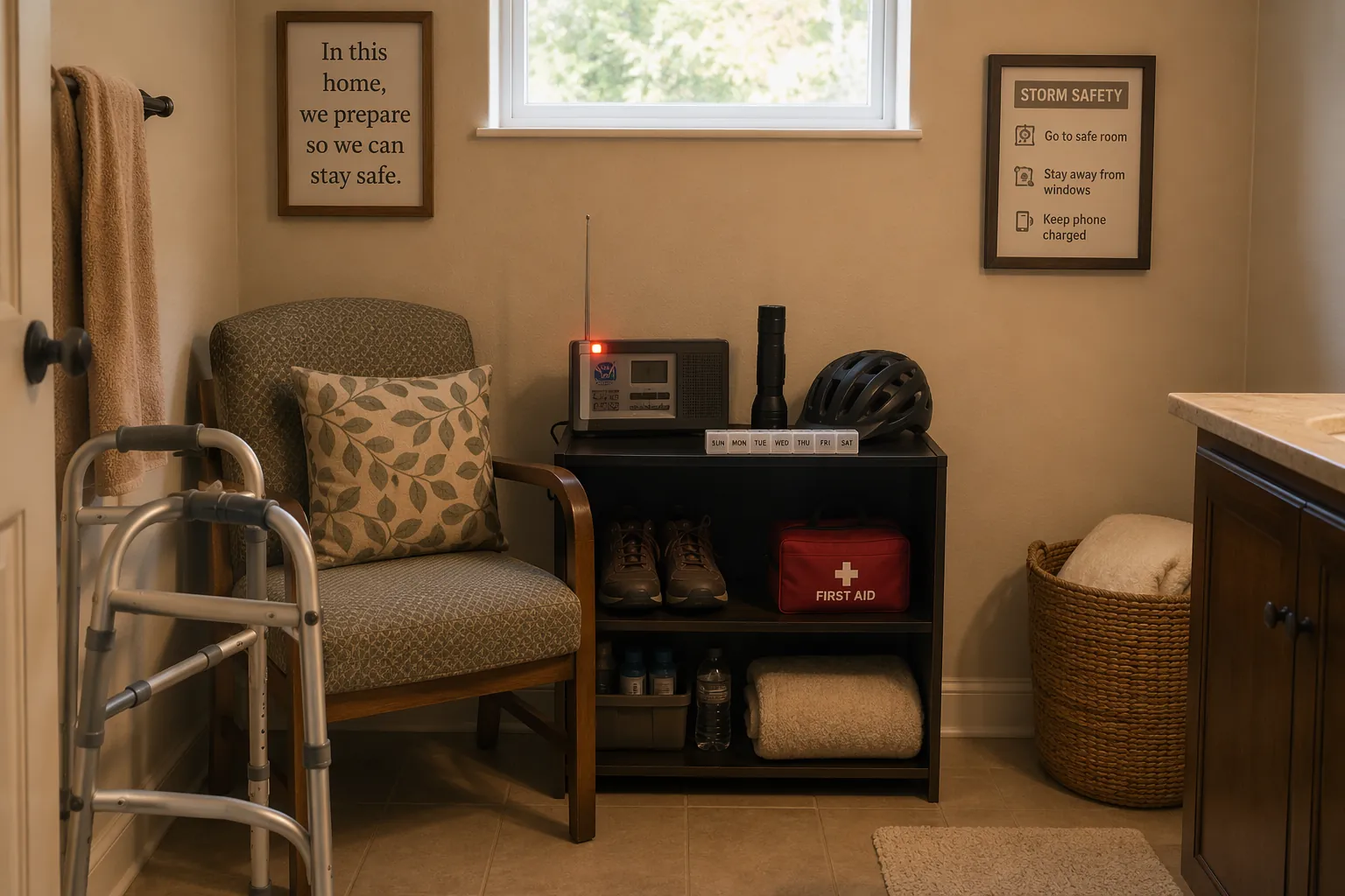Main-floor interior room prepared as a tornado safe room with walker, weather radio, flashlight, sturdy shoes, helmet, and pill organizer