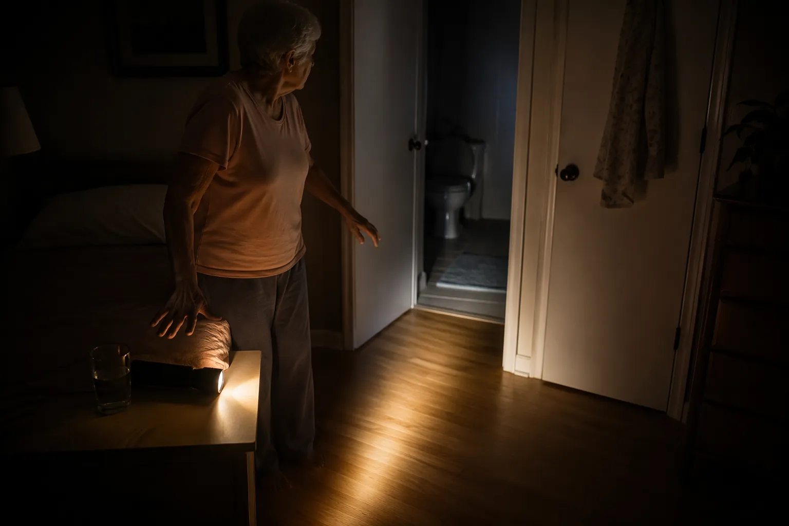 Older adult standing carefully beside a lit bedside table during a blackout, with water nearby and a clear path to the bathroom