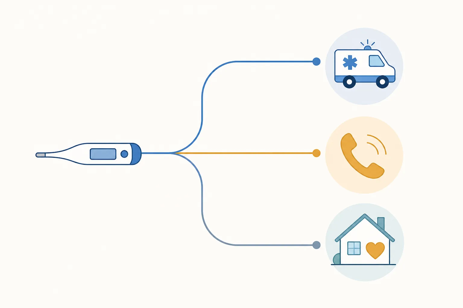 Branching fever triage path from thermometer to ambulance, phone, or home monitoring