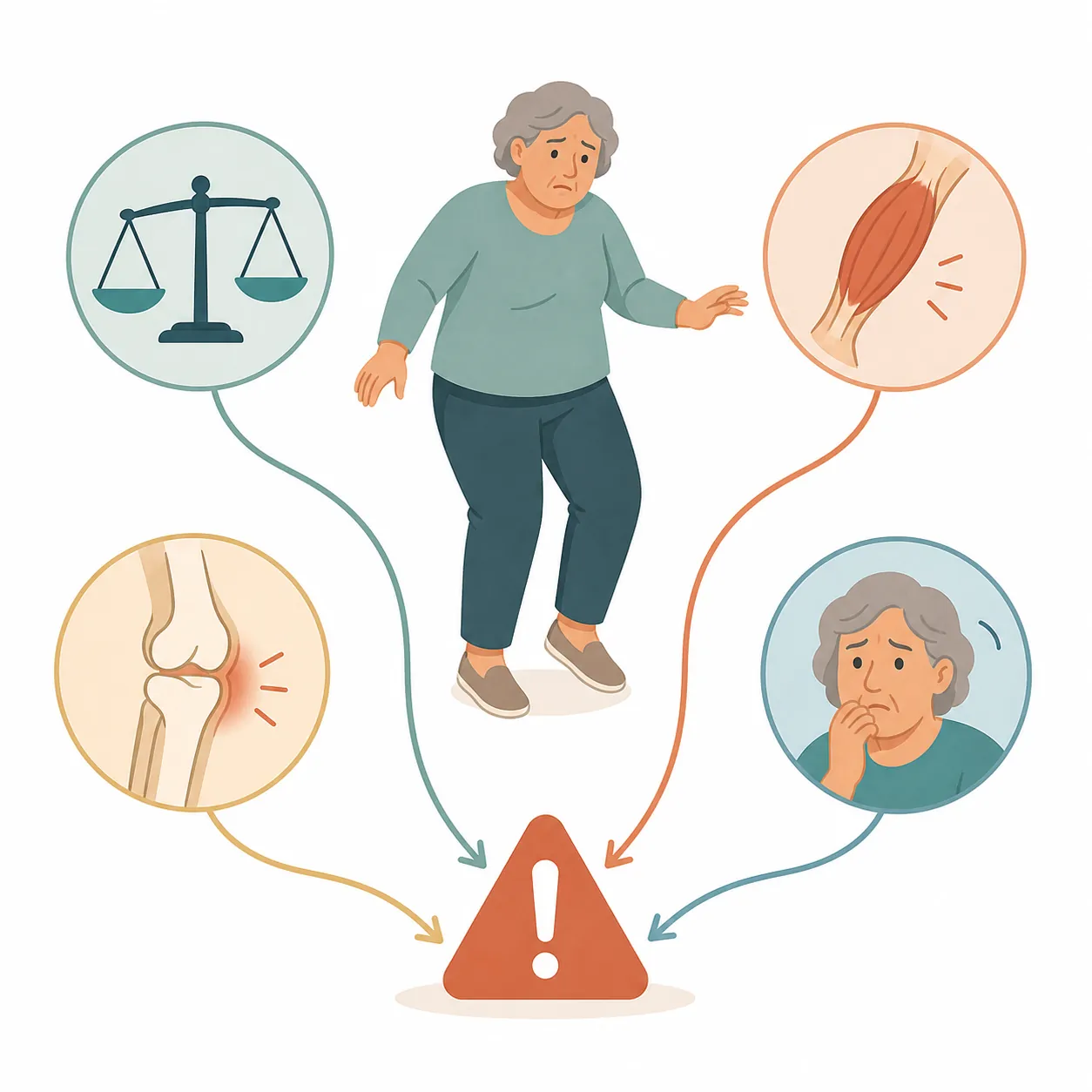 Diagram of an off-balance older adult surrounded by icons for balance, leg muscle, knee joint, and worry