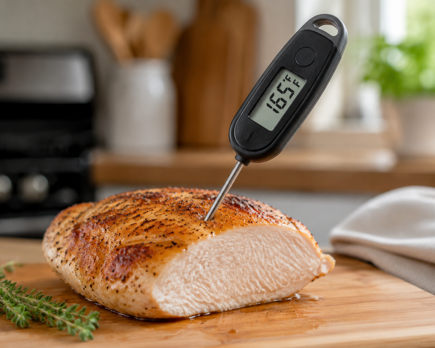 Digital instant-read thermometer showing 165°F in a cooked chicken breast