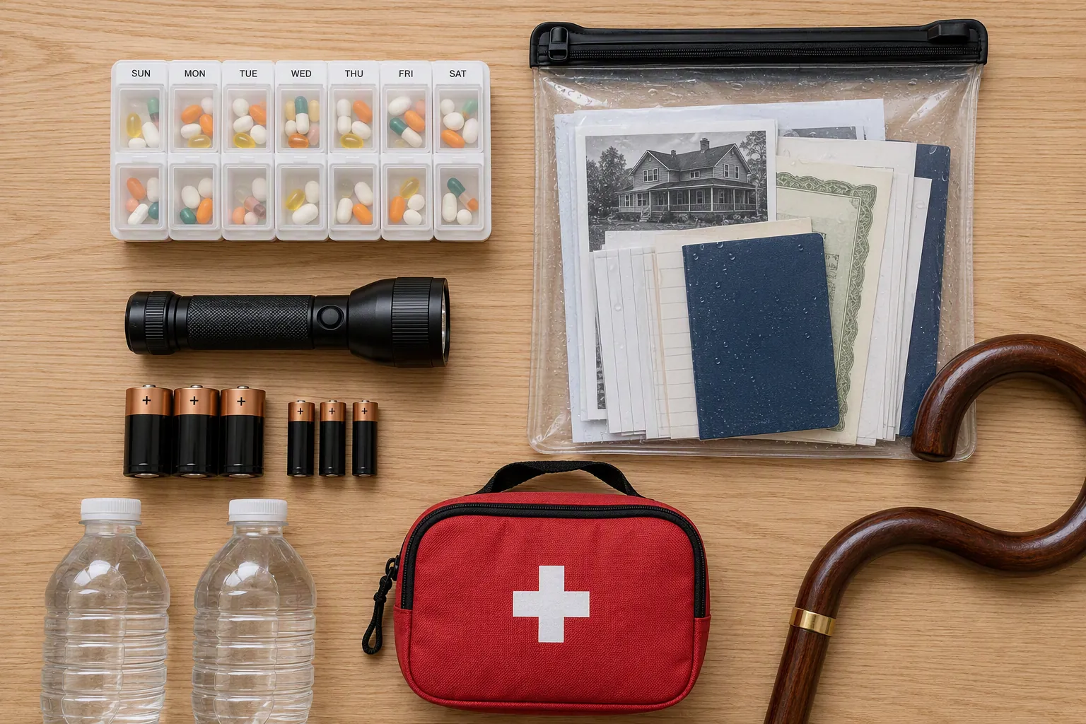 Flat-lay of senior flood-preparedness items including a pill organizer, waterproof document pouch, flashlight, batteries, first-aid kit, bottled water, and cane