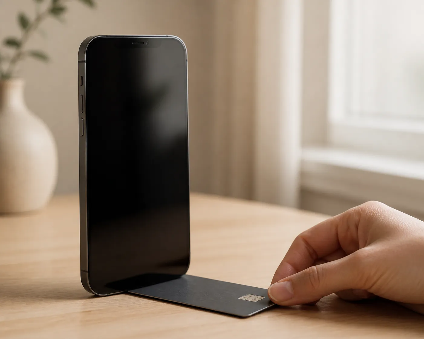 A hand pulling a payment card away from a smartphone on a wooden table