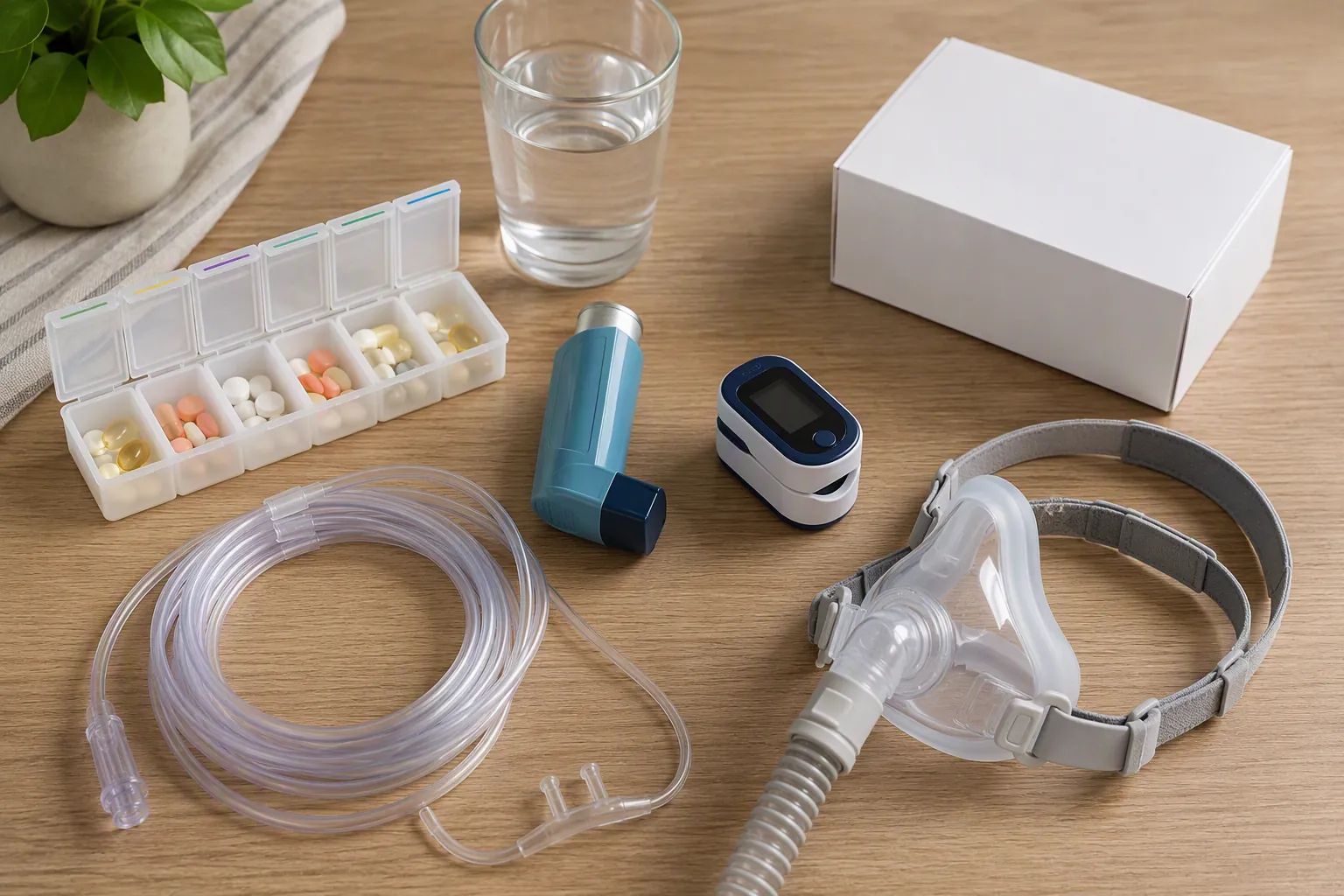 Home medical kit with pill organizer, inhaler, pulse oximeter, oxygen tubing, CPAP mask, and respirator box