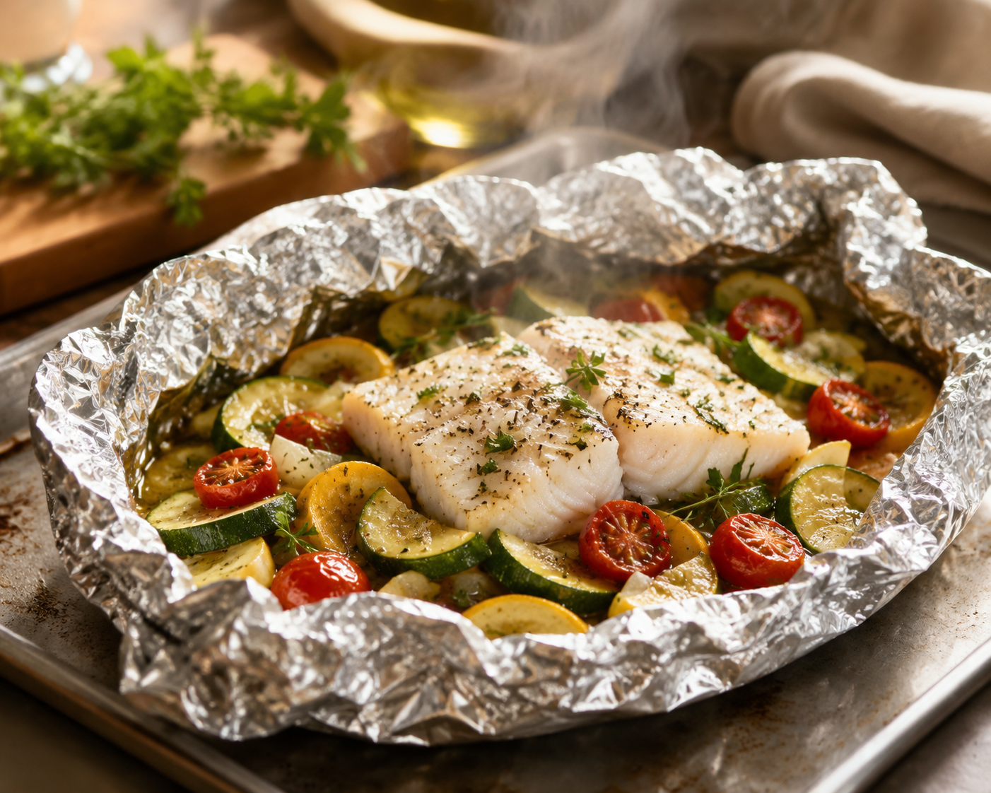 An open foil packet with tender cod and summer vegetables steaming on a baking sheet.