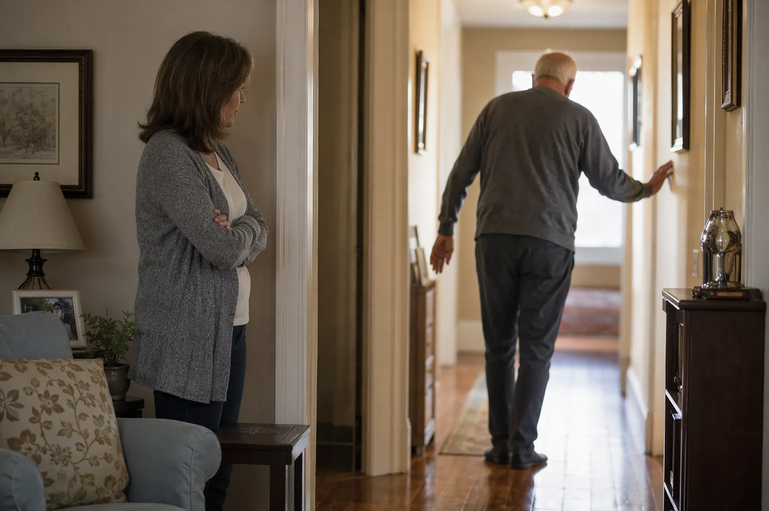A concerned adult daughter watches her elderly father walk unsteadily down a hallway