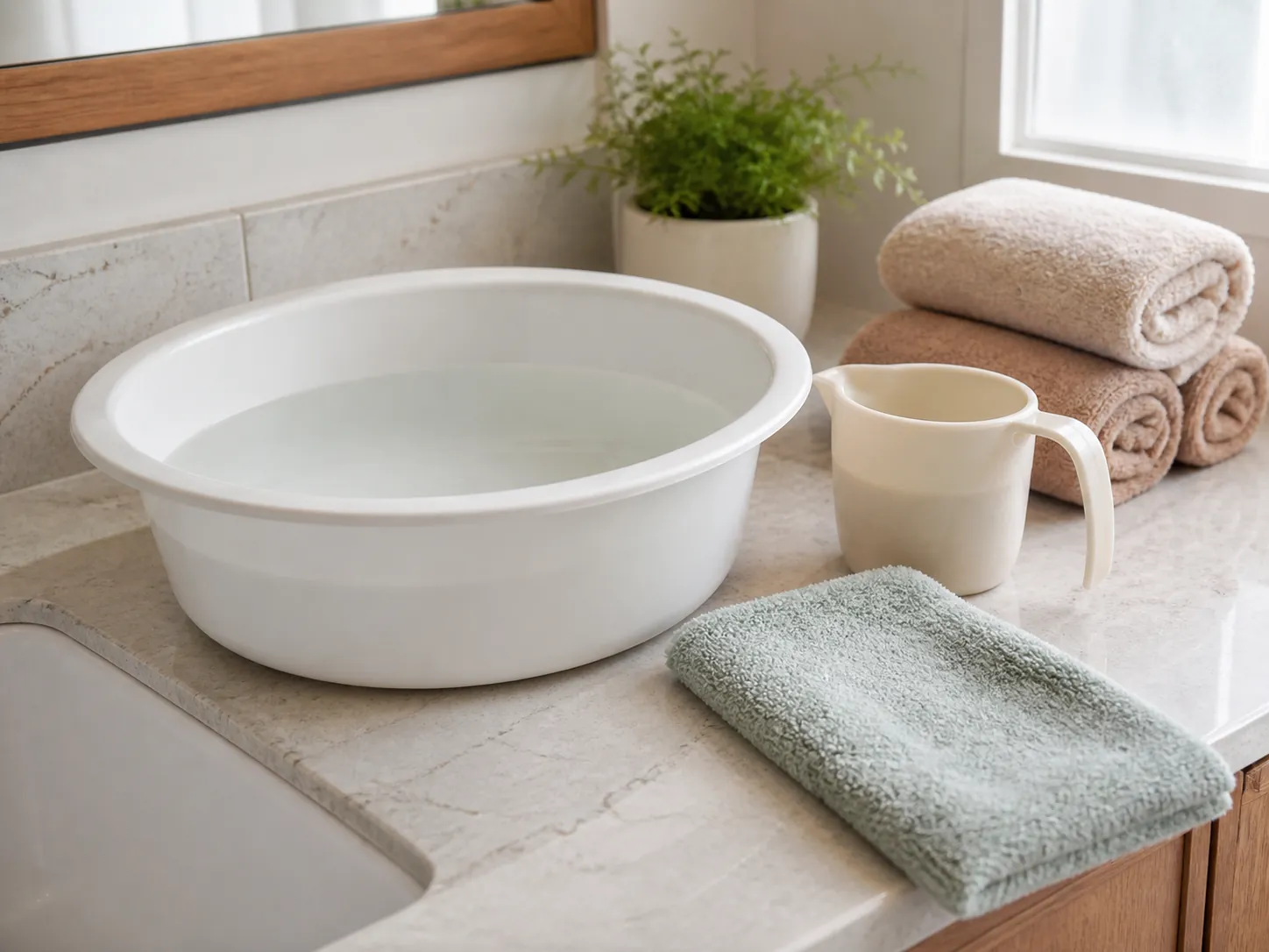Bathroom counter set up with a basin of warm water, washcloth, small pitcher, and towels for sponge bathing