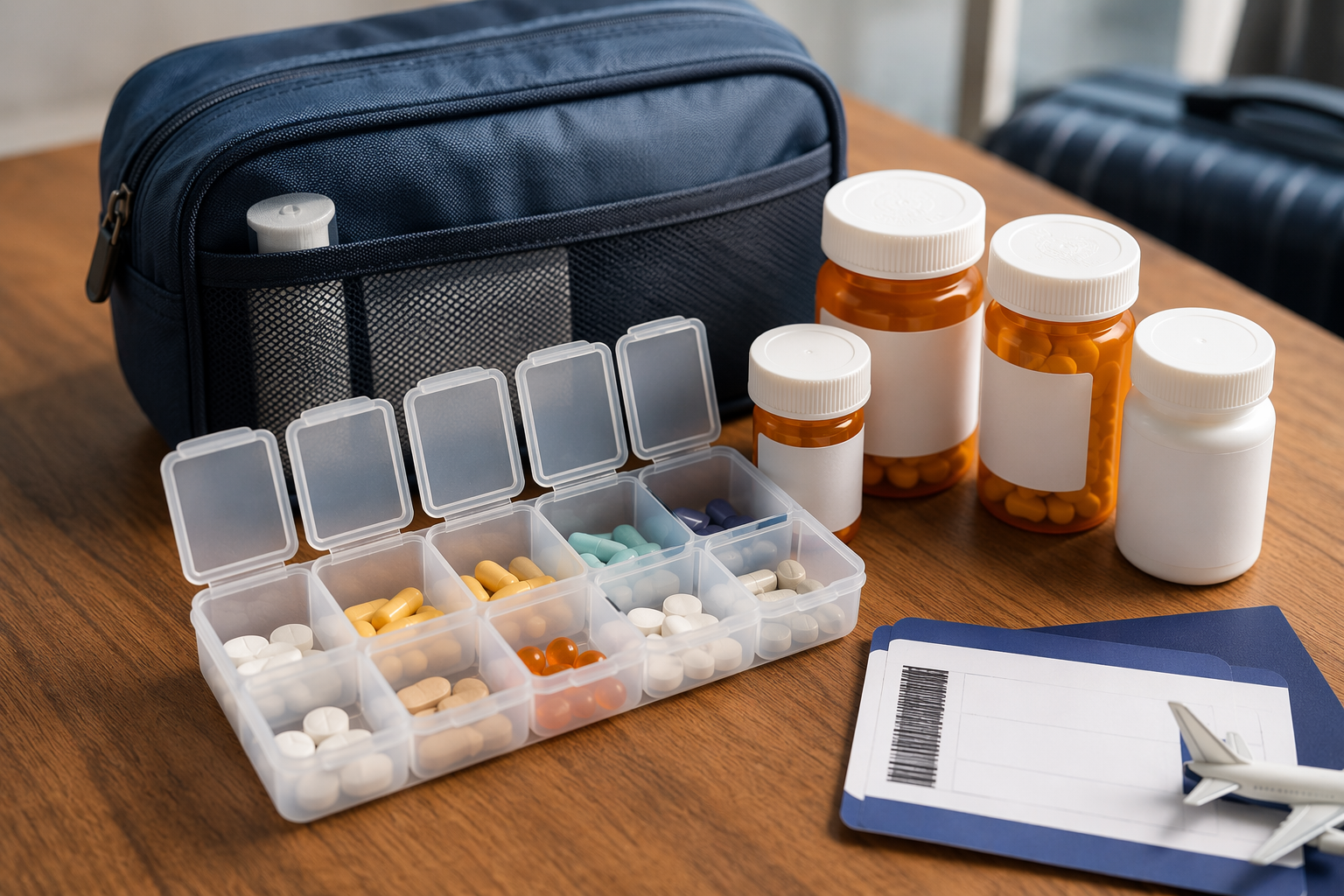 Open weekly pill organizer, prescription bottles, travel medical kit bag, and boarding pass arranged on a wooden table