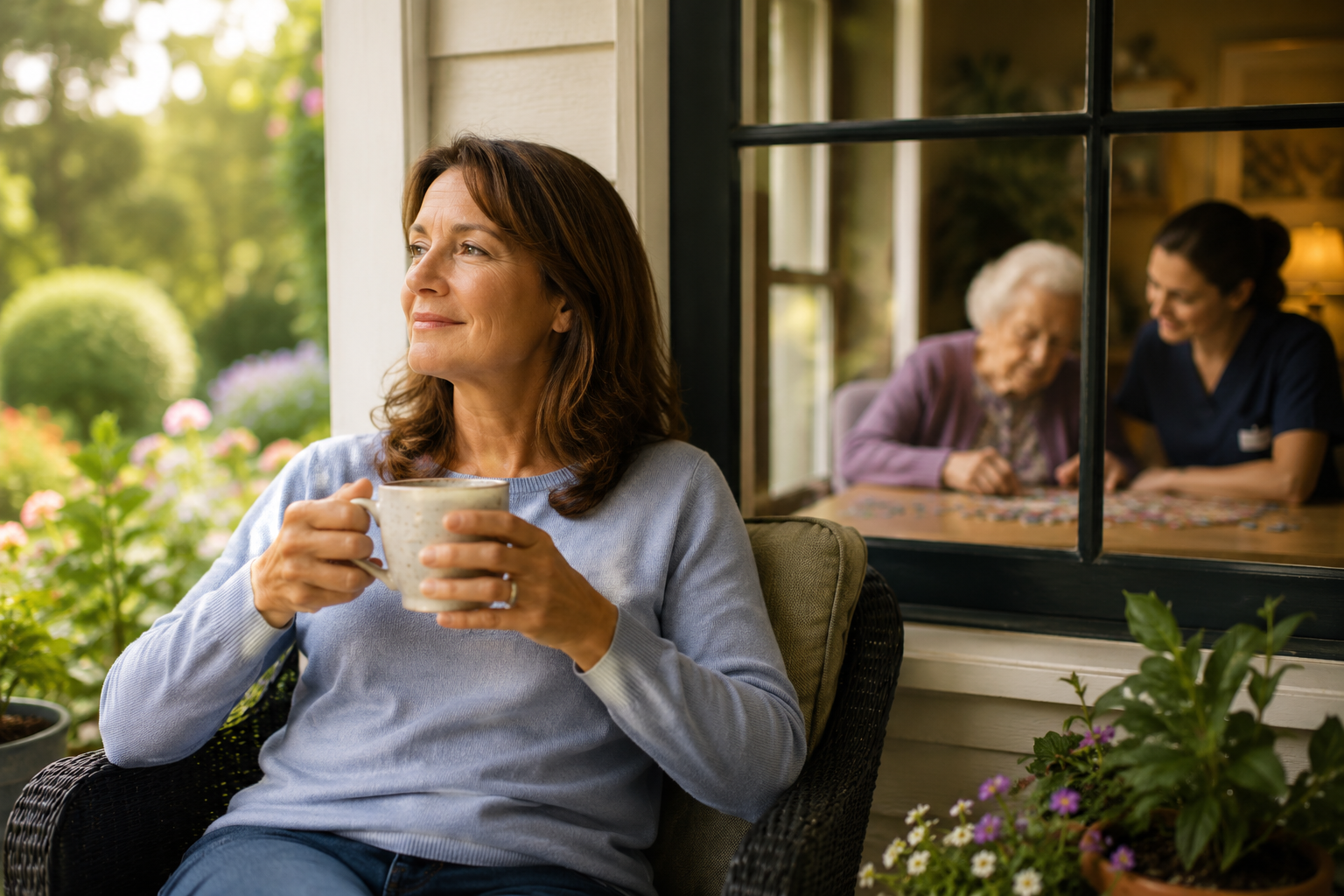 Middle-aged daughter caregiver resting with tea while an older adult participates in supervised adult day center activity