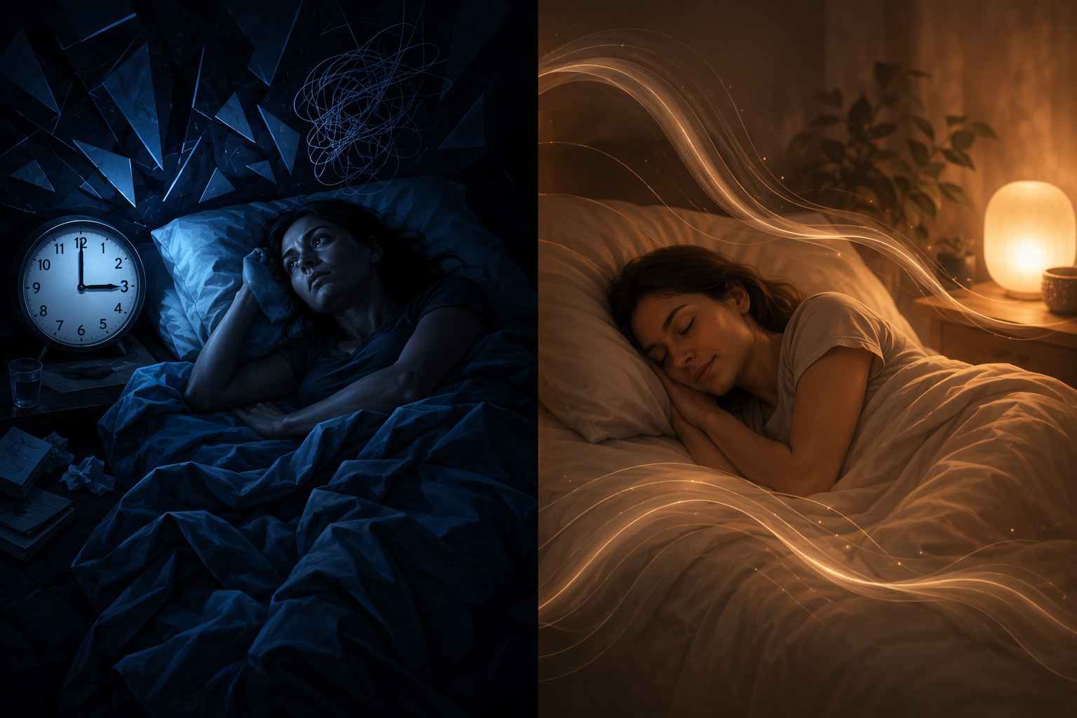 Split scene showing fragmented wakeful sleep beside peaceful deep sleep