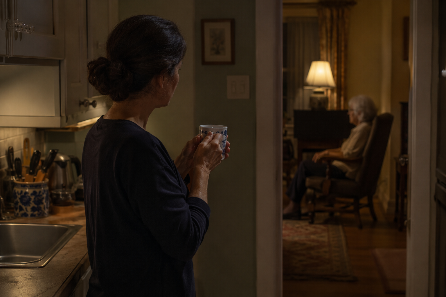Middle-aged caregiver holding a teacup at night while looking toward an older adult in the next room