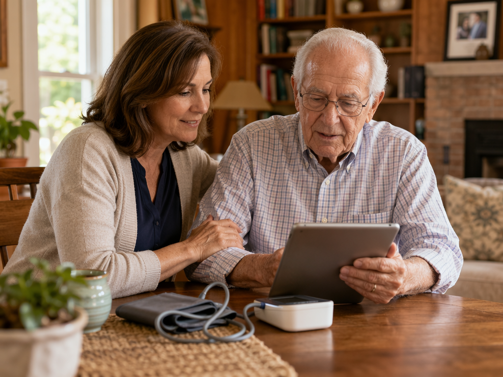 An adult daughter and her elderly father sitting together at a home dining table looking at a tablet, with a blood pressure cuff and small medical device on the table; soft natural window light and warm wood tones create a supportive, collaborative family caregiving atmosphere.