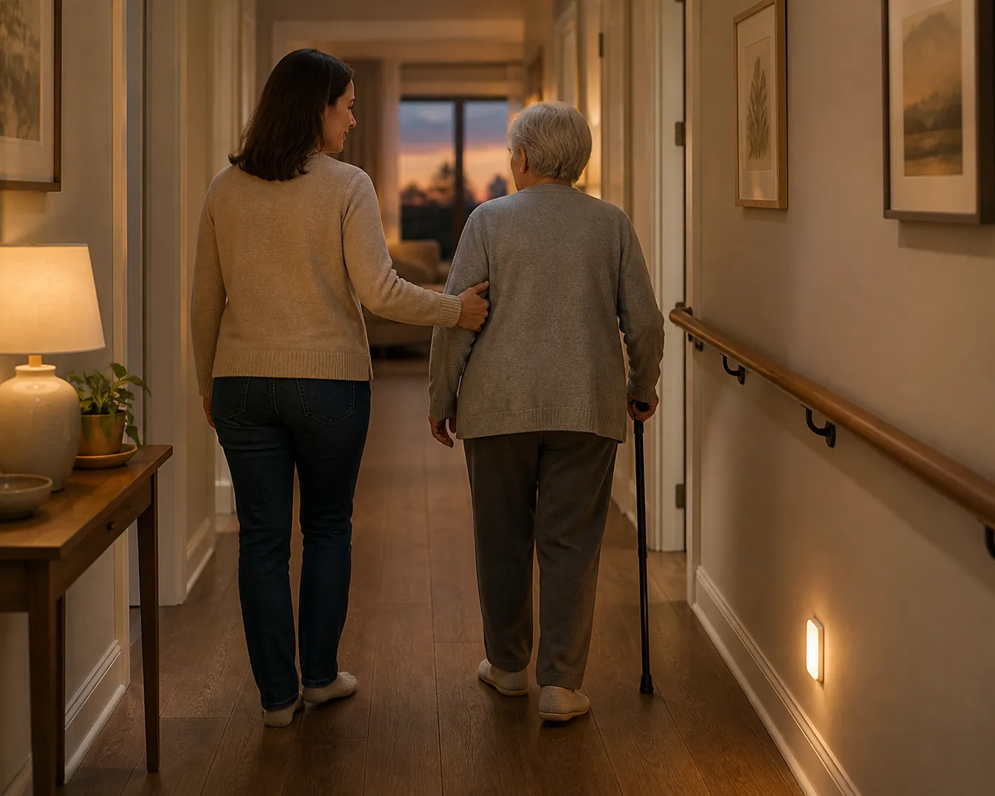 Older adult using a cane in a clear, well-lit hallway with a handrail and family support