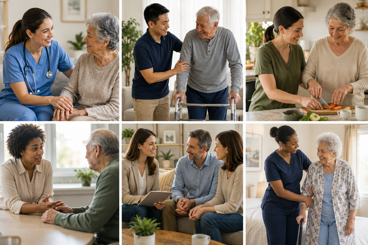 Home health care team including nurse, therapists, social worker, and aide in a home setting
