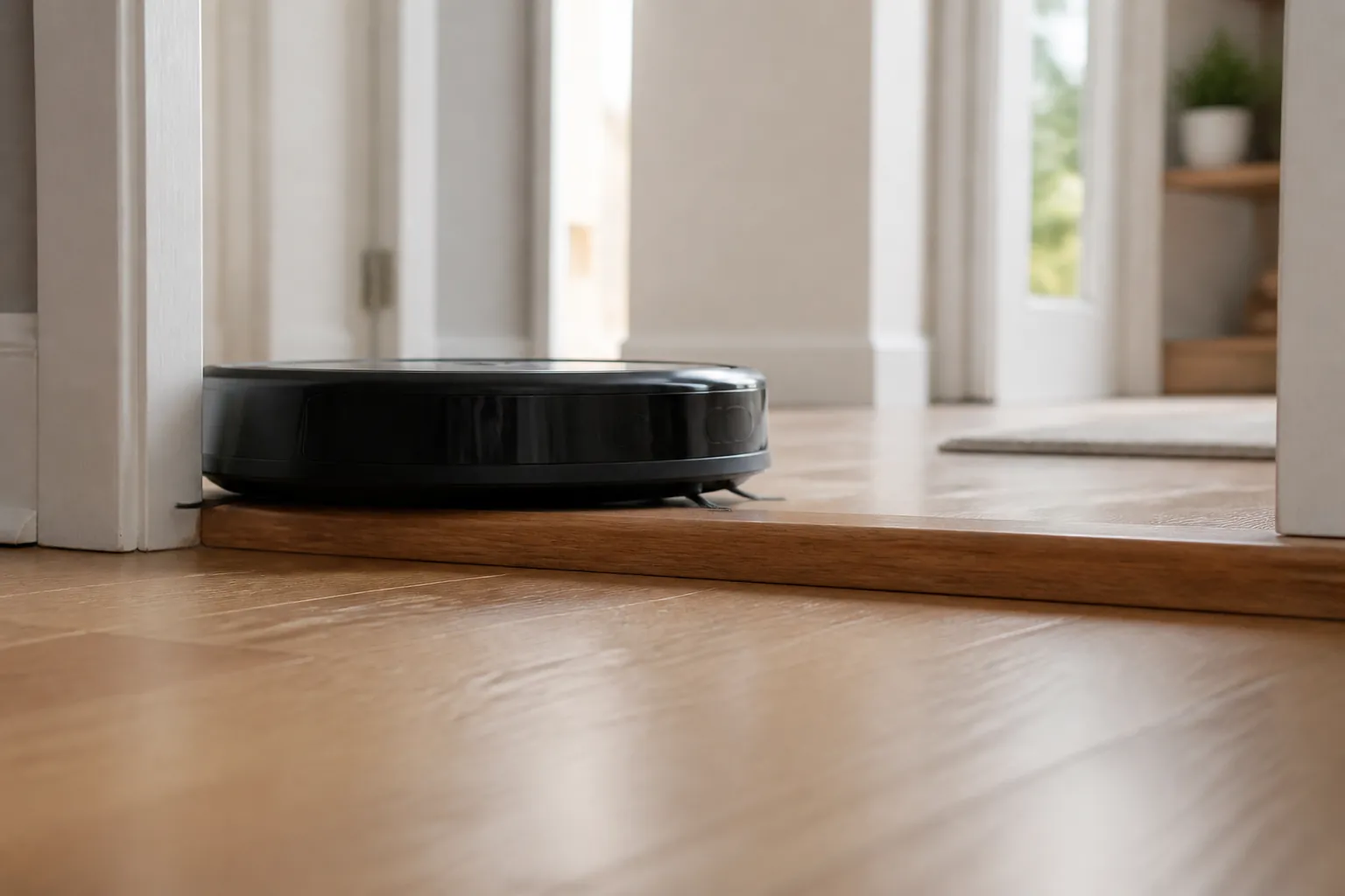 A robot vacuum stopped at a raised doorway threshold between two rooms