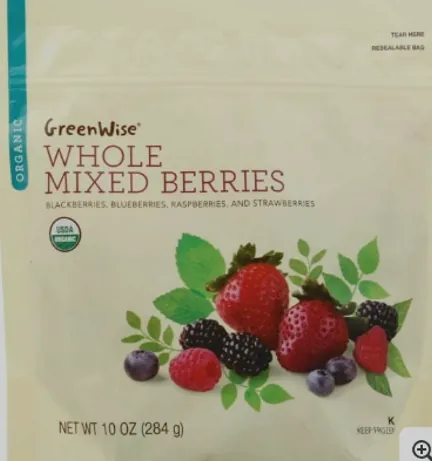 FDA product photograph of a recalled GreenWise organic frozen berry package
