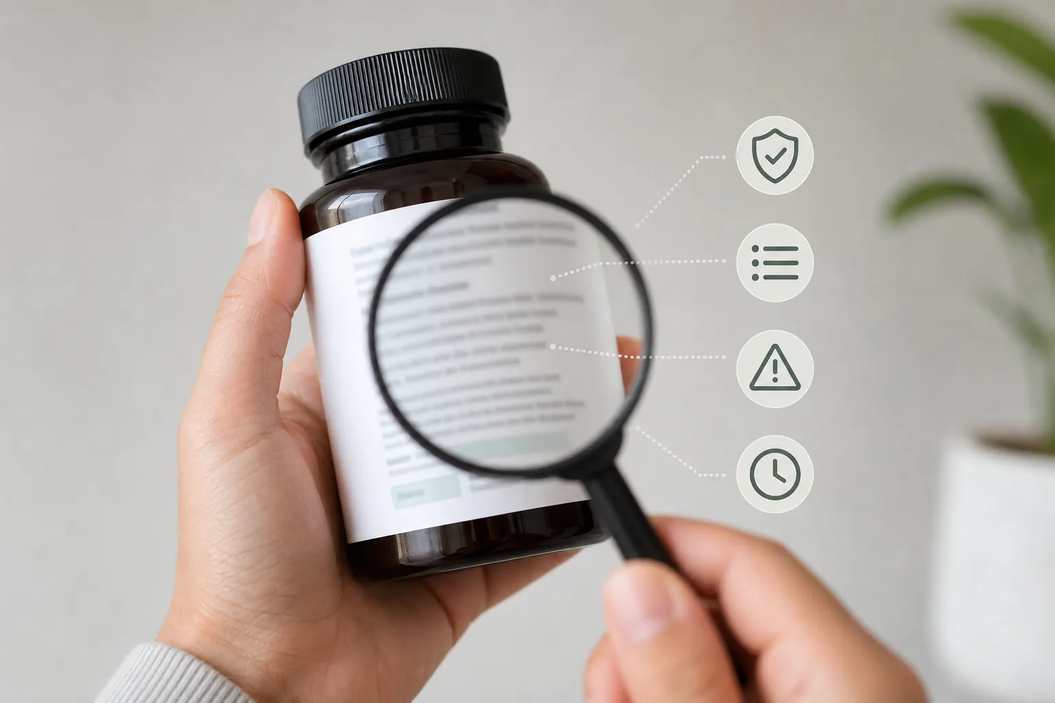 Hand inspecting a supplement label with a magnifying glass and safety icons