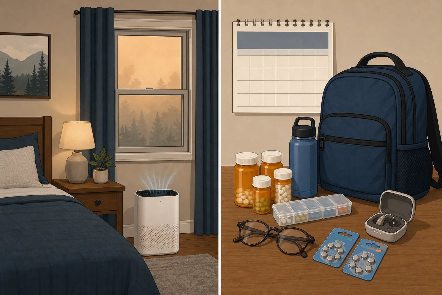 Split illustration showing a clean-air bedroom on one side and evacuation supplies with medications and a go-bag on the other