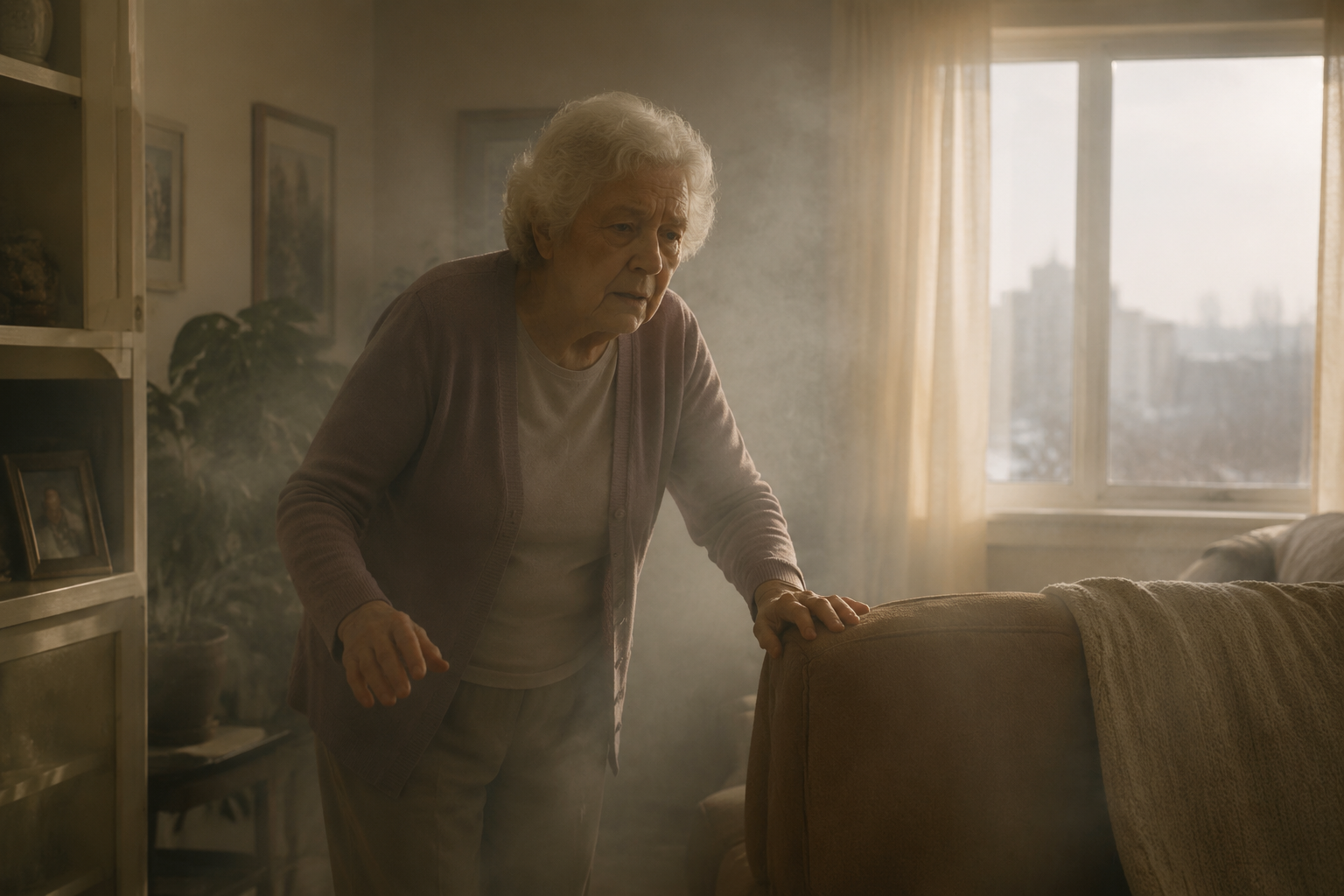 Older woman holding a sofa for balance in a hazy living room